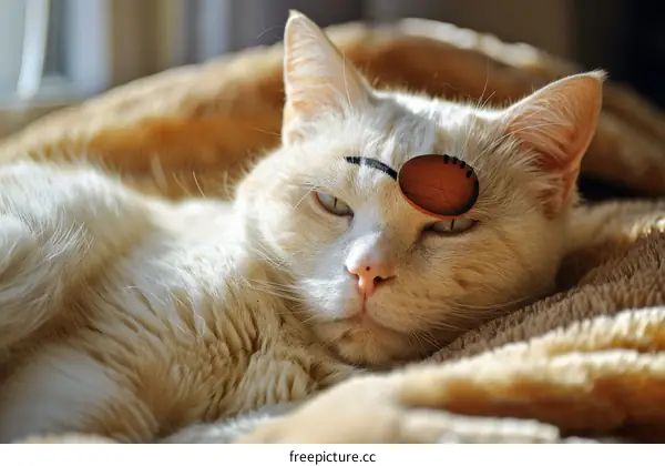 A white cat wearing an eye patch is lying on a brown blanket