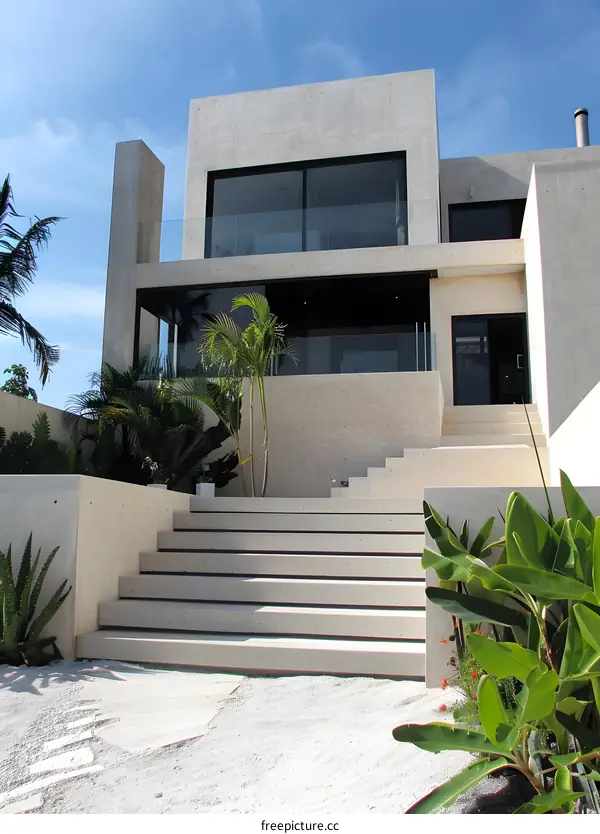 Modern Concrete House with Steps and Tropical Plants
