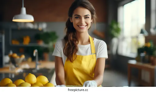 Portrait of a young woman in a yellow apron standing in a kitchen