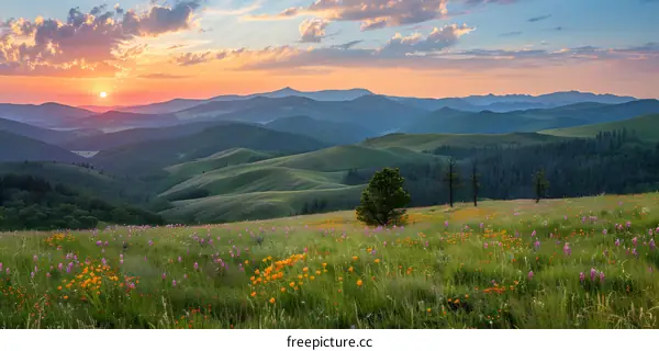 Mountains in the distance with a field of flowers in front