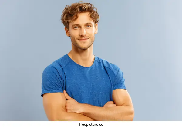 Studio Portrait of a Caucasian Man in a Blue T-Shirt