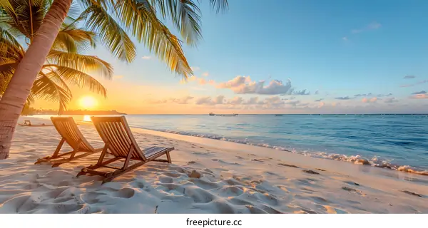 Two empty wooden beach chairs sit on a sandy beach with palm trees and the ocean in the background