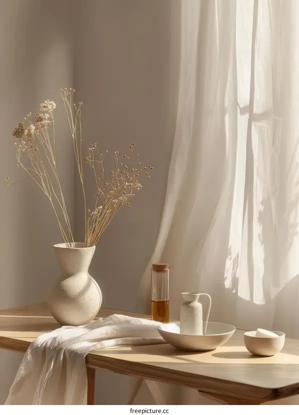 Dried Flowers in Vase on Table by Window