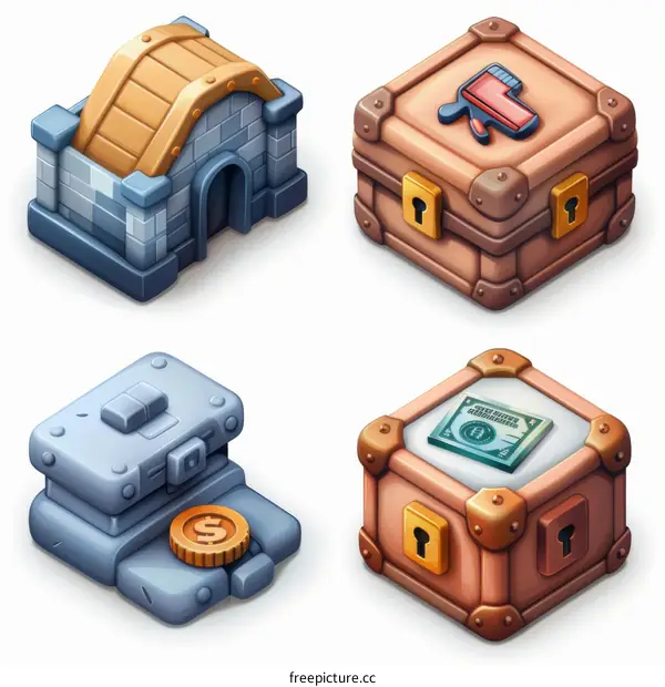 A variety of treasure chests and money