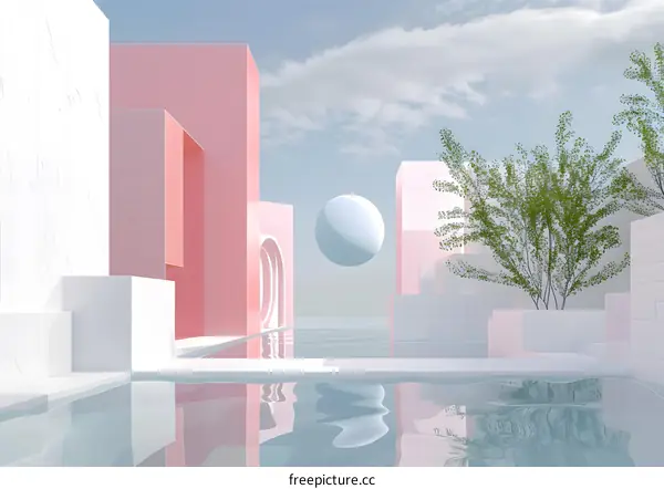 Abstract Minimalist Architecture with Pink and White Buildings and a Pool