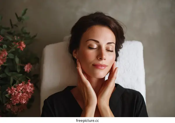 Woman relaxing in spa with hands on face and eyes closed