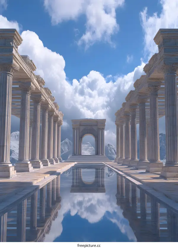 Ancient Stone Columns with Archway and Reflecting Pool