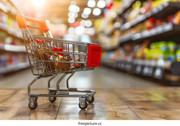 Close Up of a Shopping Cart With Bottles in a Supermarket Aisle