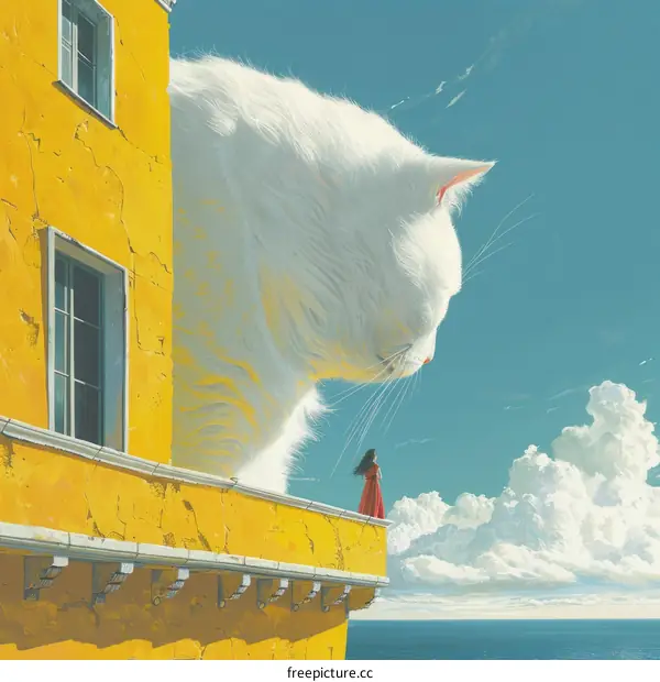 Giant White Cat Gazing Down at Woman on Balcony