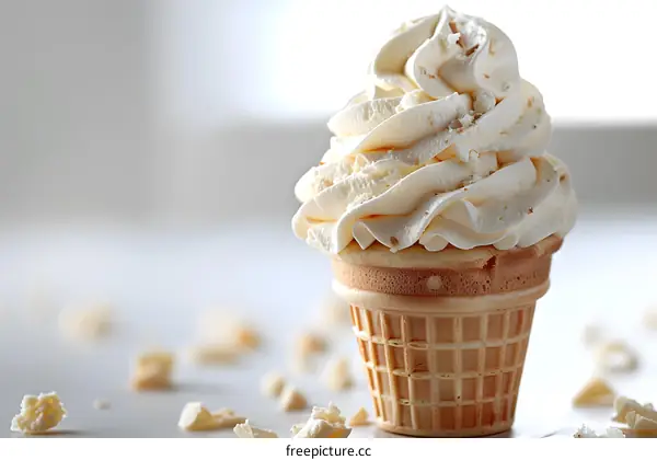 Vanilla ice cream cone with white chocolate chips