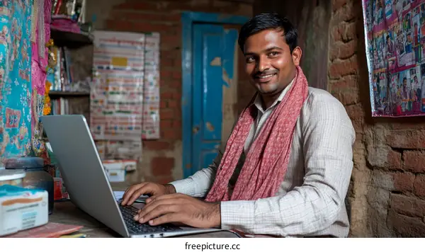 Indian man working on laptop in rural shop
