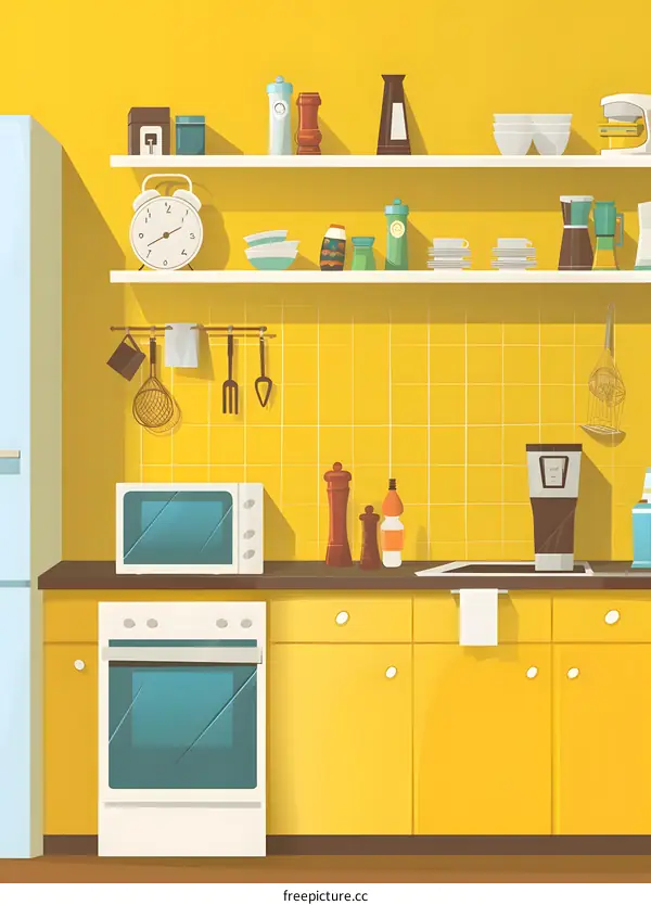 Yellow Kitchen Interior With White Appliances