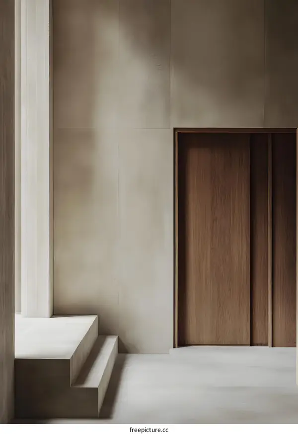 Minimalist Interior Design with Concrete Walls and Wooden Door