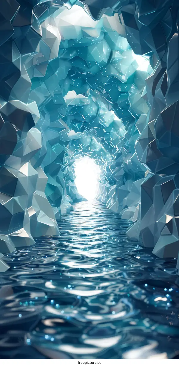 Ice cave with water flowing through it