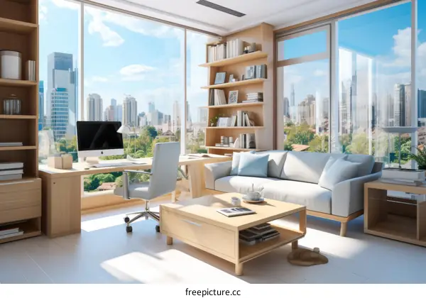 A modern home office with a large desk, comfortable sofa, and beautiful city views