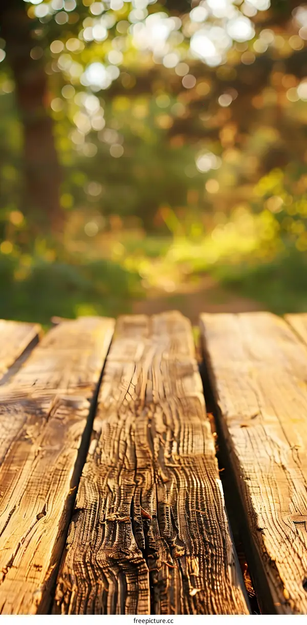 Wooden Plank Pathway Leading Through a Lush Green Forest