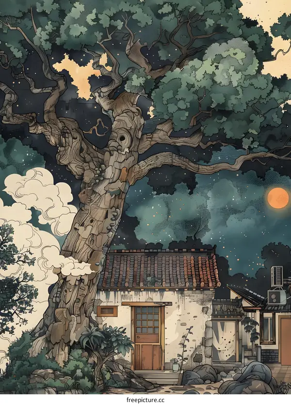 Night Sky Illustration with a Large Tree and a Small House