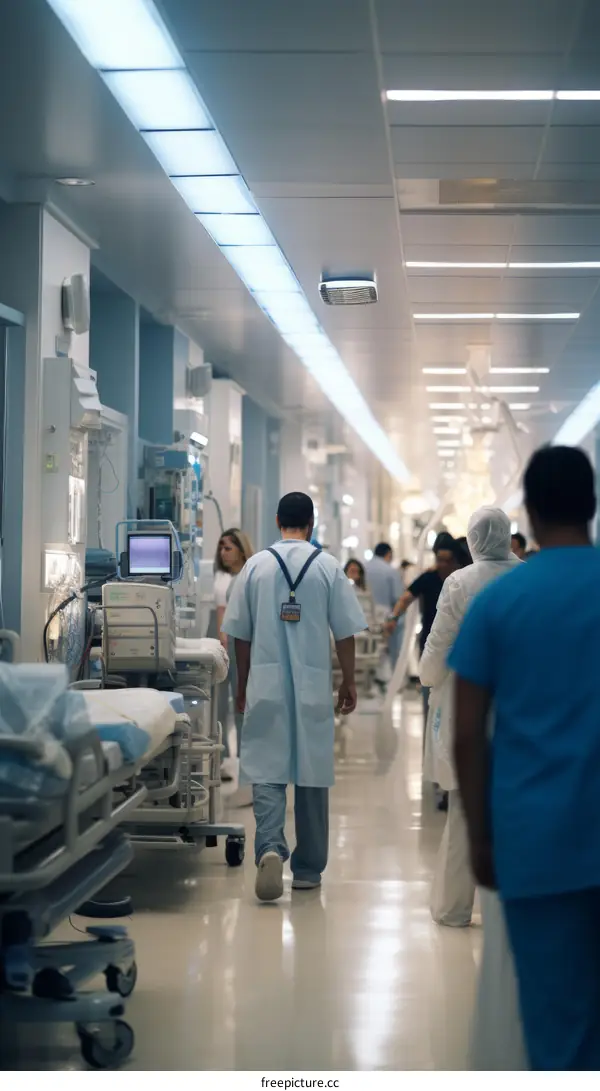 Crowded hospital hallway with a doctor walking away