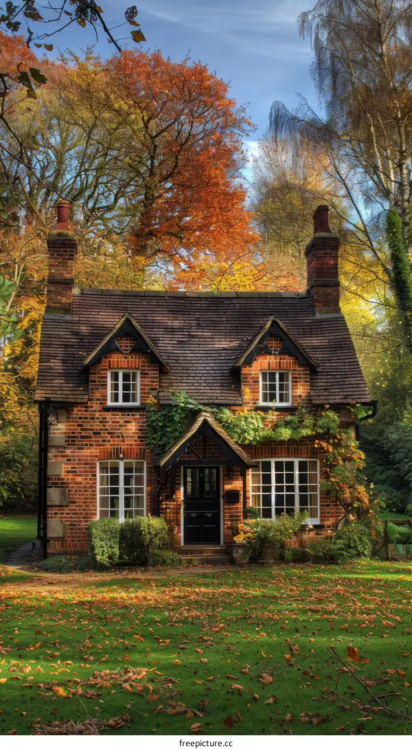 Small brick cottage in autumn forest with colorful trees