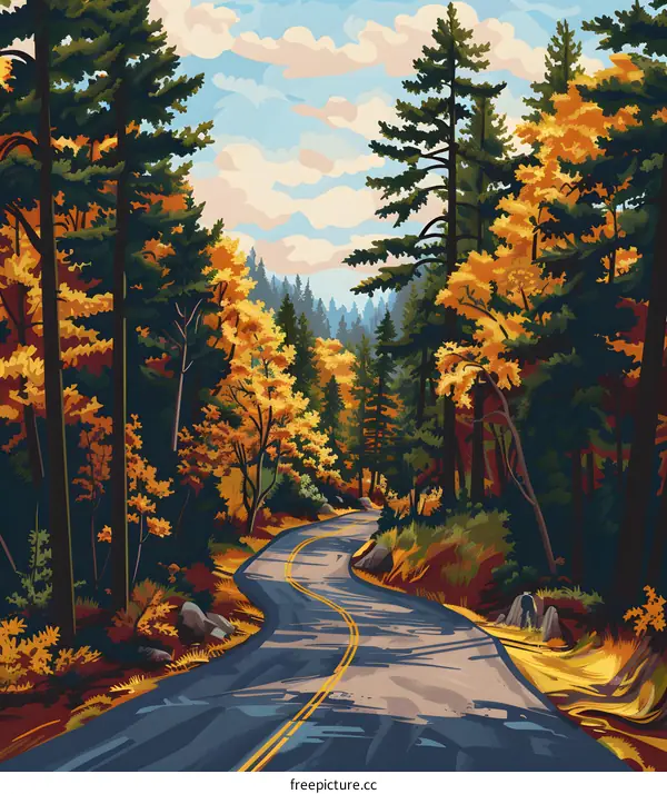 Fall Foliage Winding Road Through Forest