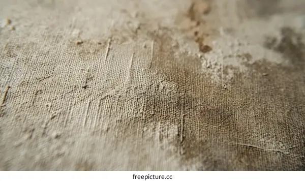 Close-up of a rough canvas surface with white and brown paint