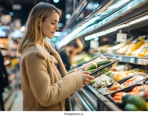 Woman Choosing Fresh Cucumbers at the Grocery Store