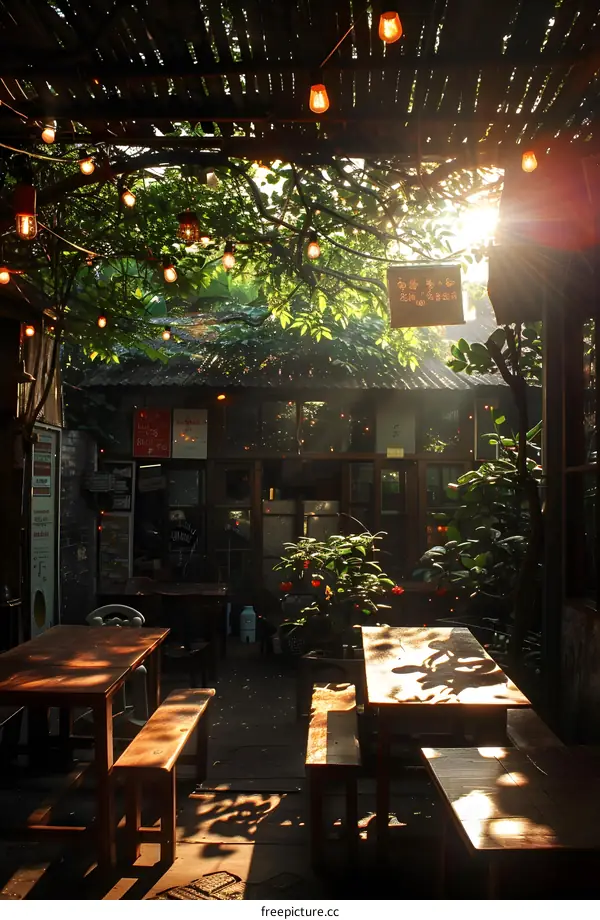 Cozy Patio Cafe With String Lights And Sunlight