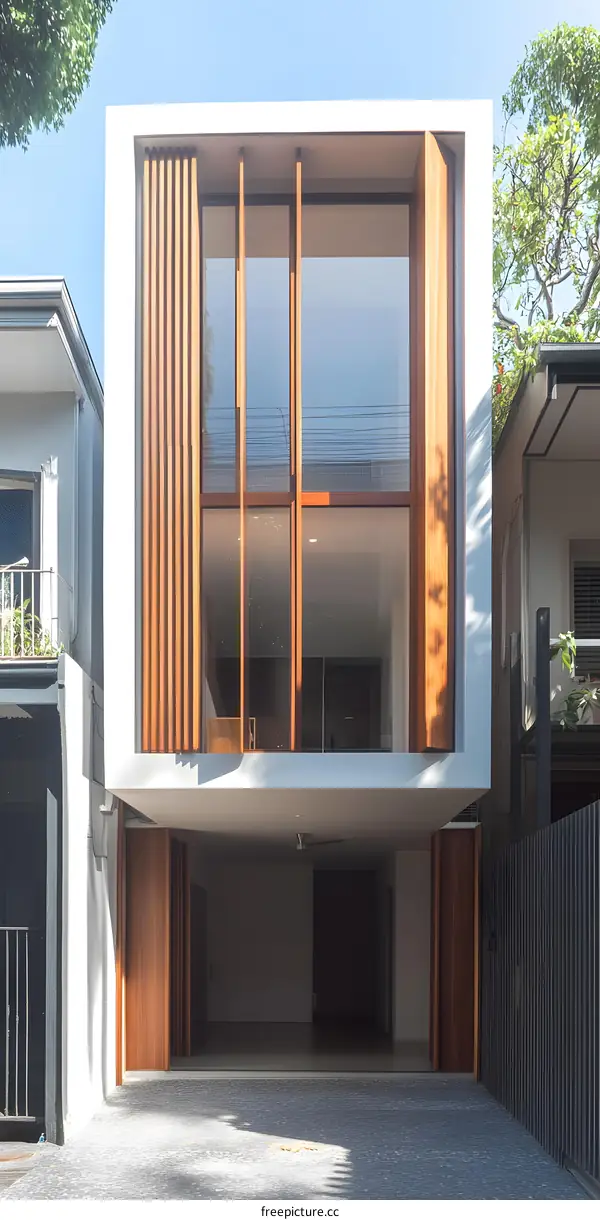 Modern House with Wooden Facade and Large Windows