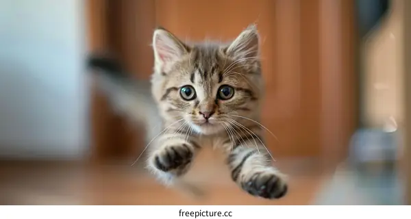 A cute kitten is jumping in mid-air