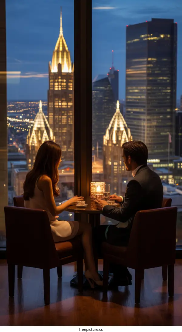Couple sitting at a table in a restaurant near a window overlooking a city at night