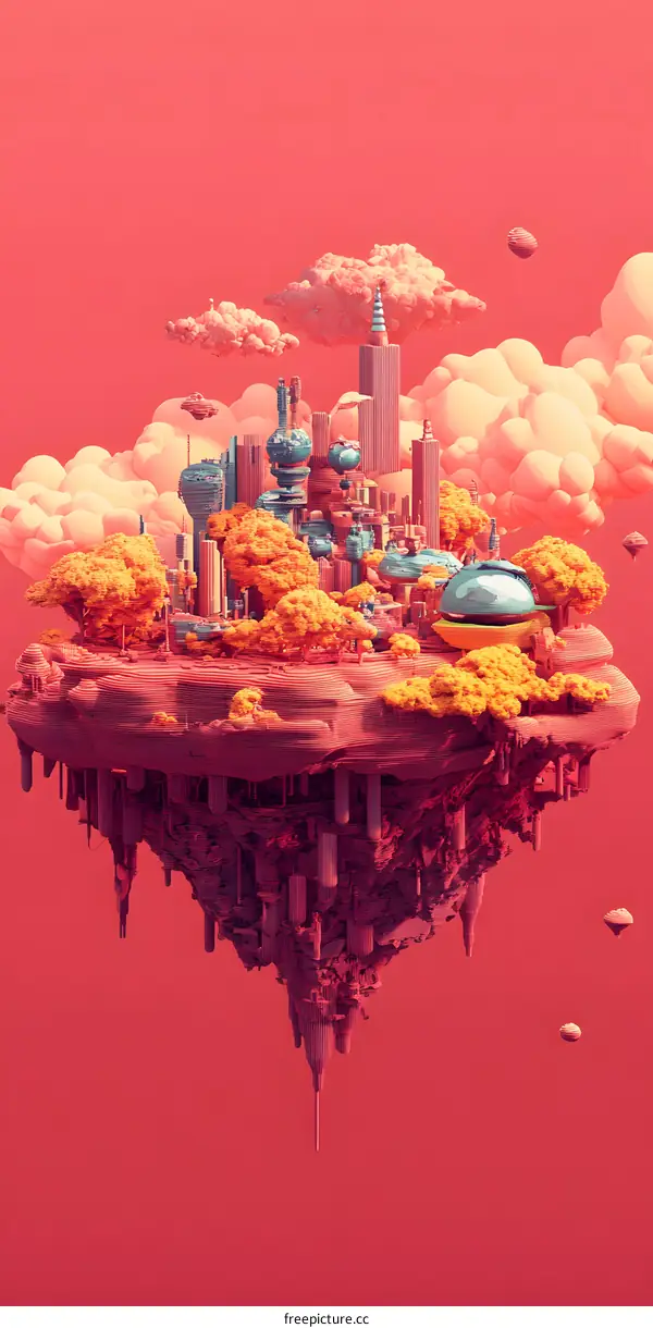 Floating City With Red Background Illustration