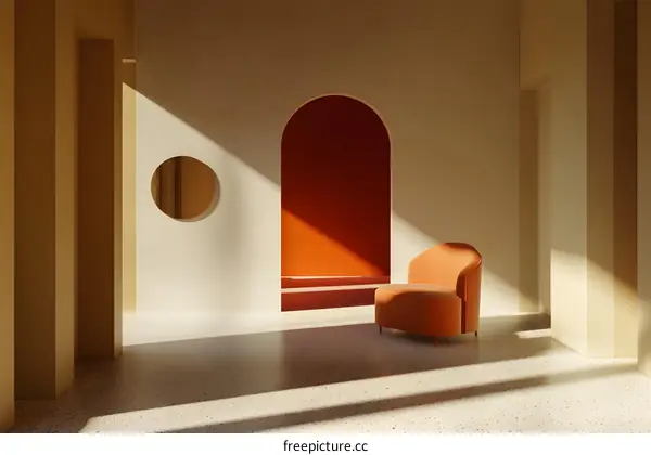 Minimalist Interior Design with Orange Armchair and Archway