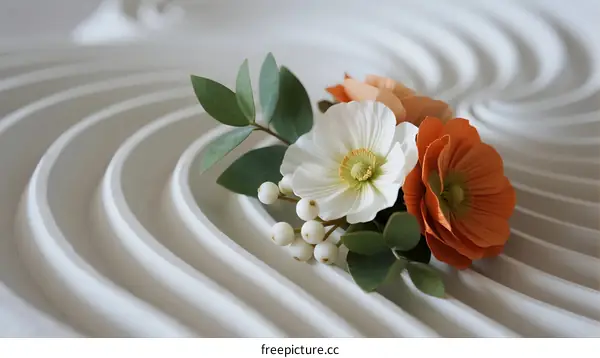 Artistic White and Orange Flowers Arranged on Wavy Surface