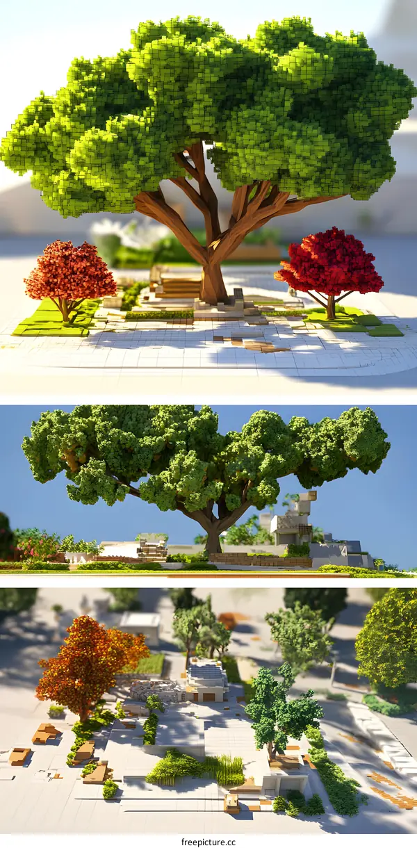 Pixelated Park Scene with Trees and Benches