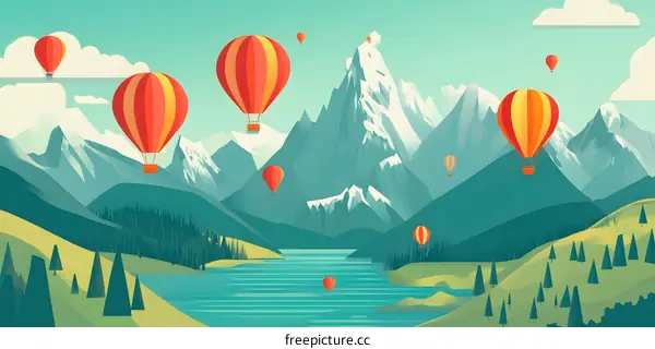 Hot Air Balloons Over Mountains Landscape Illustration