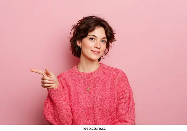 Woman in Pink Sweater Pointing to the Side