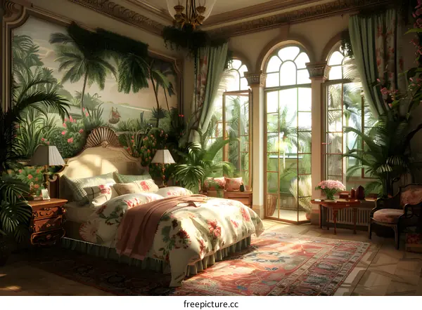 A bedroom with tropical rainforest style