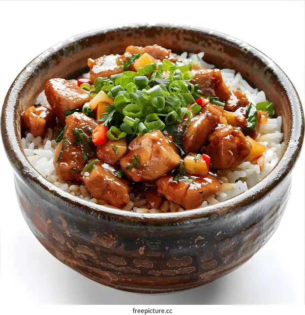 A bowl of rice topped with chicken teriyaki and scallions