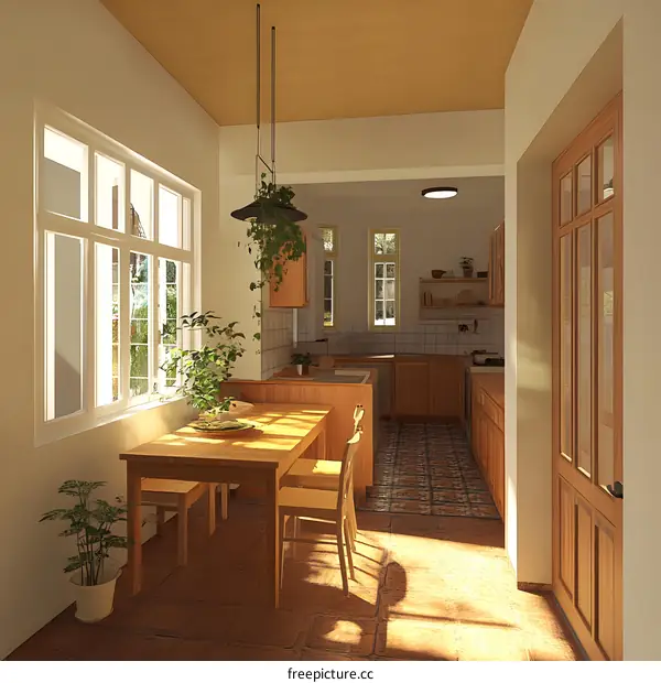 Kitchen Dining Room Interior Design with Wooden Table and Chairs