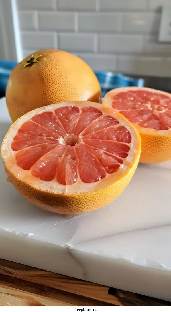 Fresh Grapefruit Slices on a Marble Cutting Board