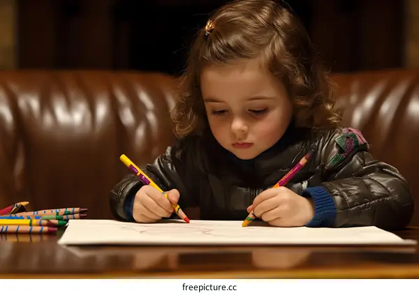 Little Girl Drawing With Colored Pencils
