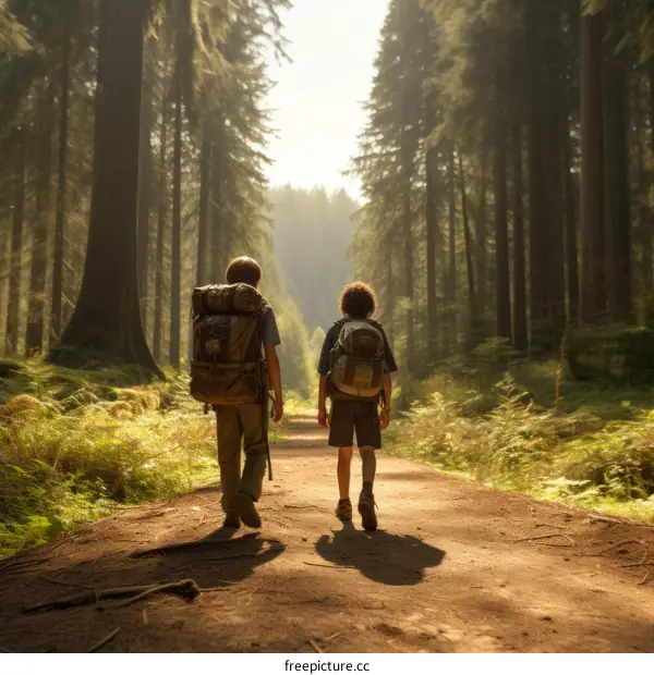 Two boys hiking in a forest