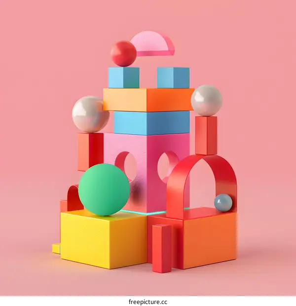 Colorful 3D Abstract Geometric Shapes and Balls on Pink Background