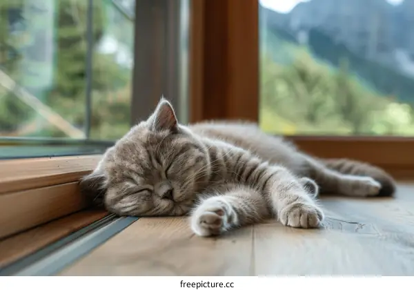 Adorable Gray Cat Napping on Wooden Floor by Door