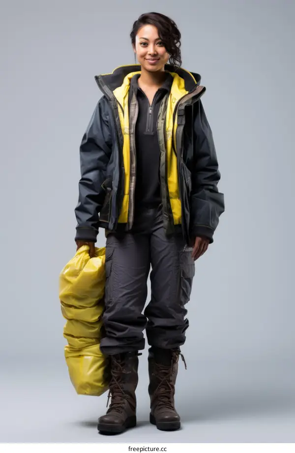 Woman in Yellow and Gray Outfit with Bag Standing Against Gray Background