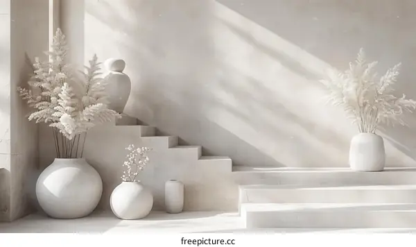 Minimalist Interior with White Stairs and Vases