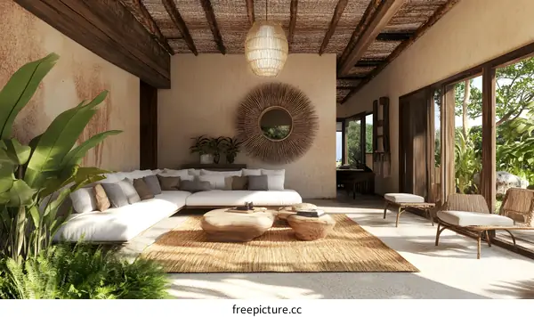 Modern Tropical Living Room Interior Design With Sofa And Rattan Furniture
