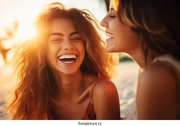 Two beautiful young women laughing together on the beach at sunset