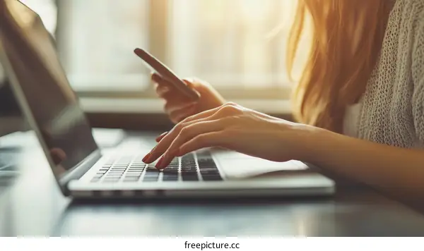 Woman working on laptop and phone