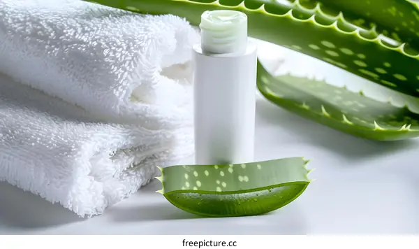 Aloe Vera Plant With White Towel And Bottle